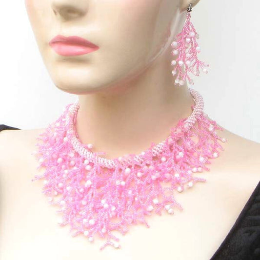 Pink White Russian Frost Seed Beaded Bib Necklace Earrings Set