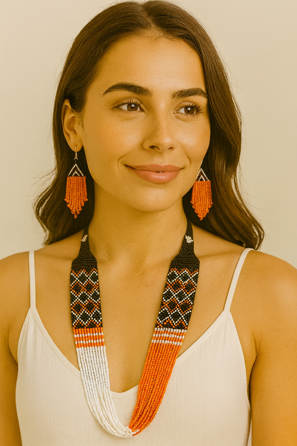 Handmade Beaded Statement Necklace & Earrings Set – Orange, Black, White