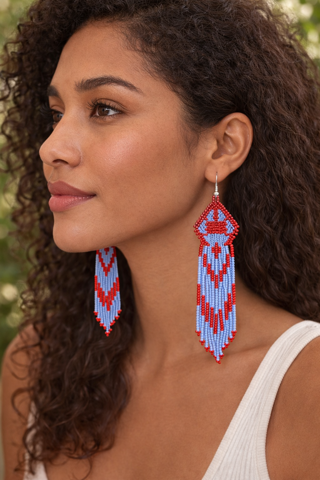 Handmade Beaded Fringe Earrings – Red & Light Blue Czech Seed Beads, 4 Inch Long Turtle Earrings, Lightweight Boho