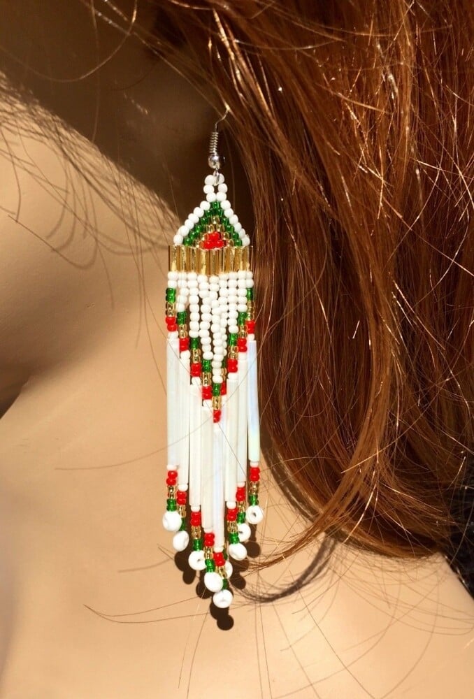 Handmade Native Inspired White Red Choker Necklace Earrings Set