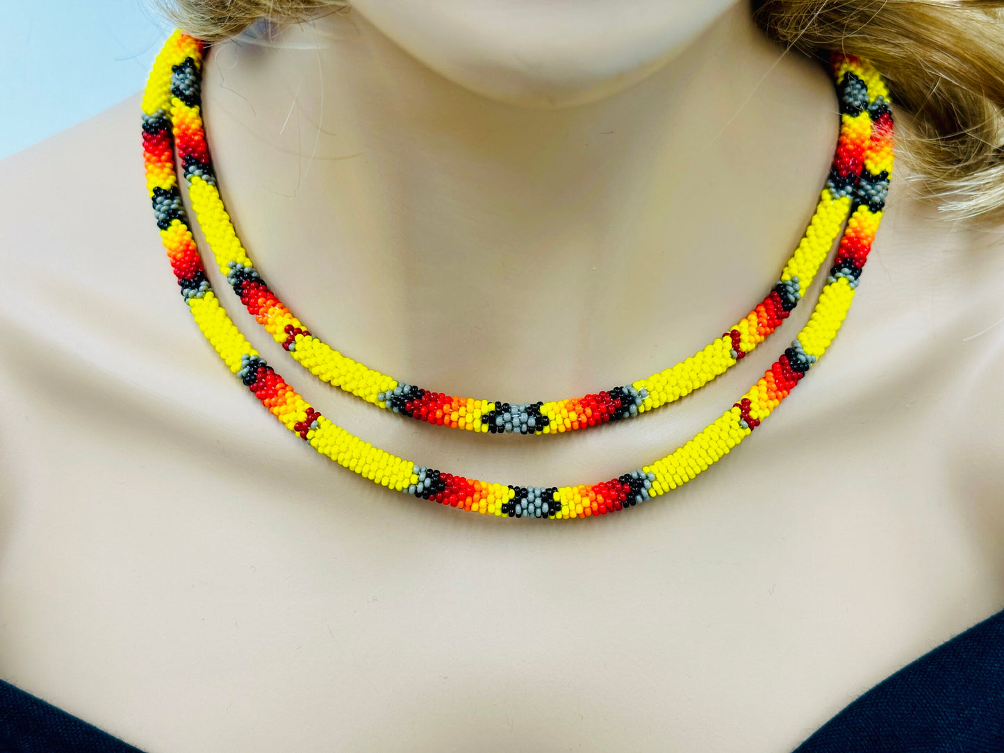 Handmade Beaded Yellow Rope double layered necklace