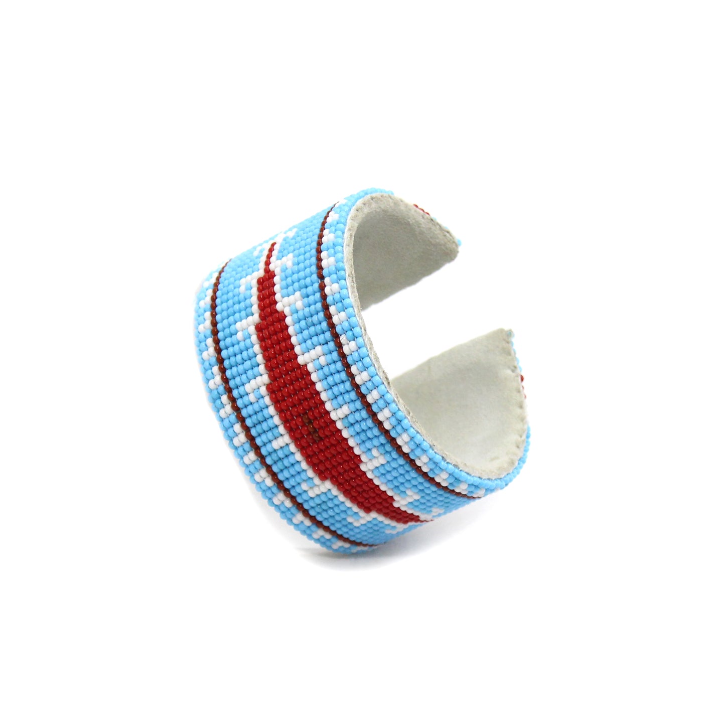 Handmade Beaded Cyan Blue Red Leather Hard Cuff Bracelet - Native Style, Adjustable and Bendable