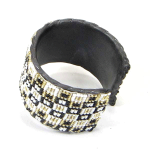 Handmade Beaded White Black Geometric Pattern Leather Cuff Bracelet - Adjustable Unisex Accessory