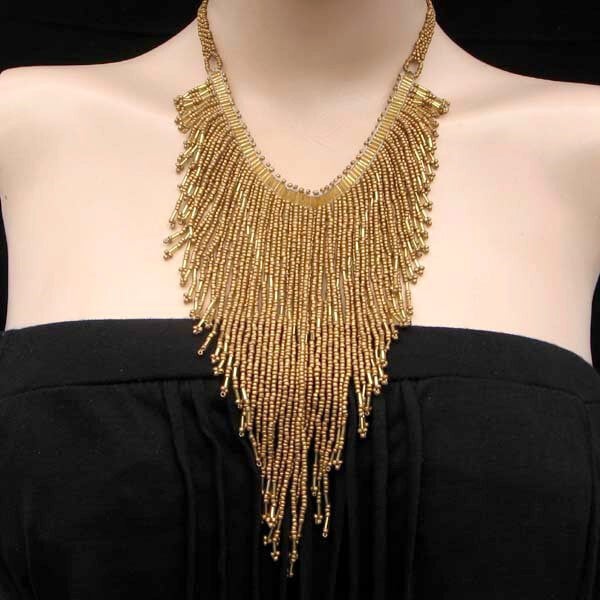 Handmade Beaded Matte Gold Color Bugle Seed Bead Bib Necklace