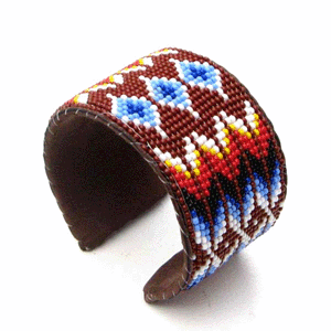 Handmade Seed Beaded Brown Hard Cuff Leather Bracelet with Vibrant Blue Fire Pattern