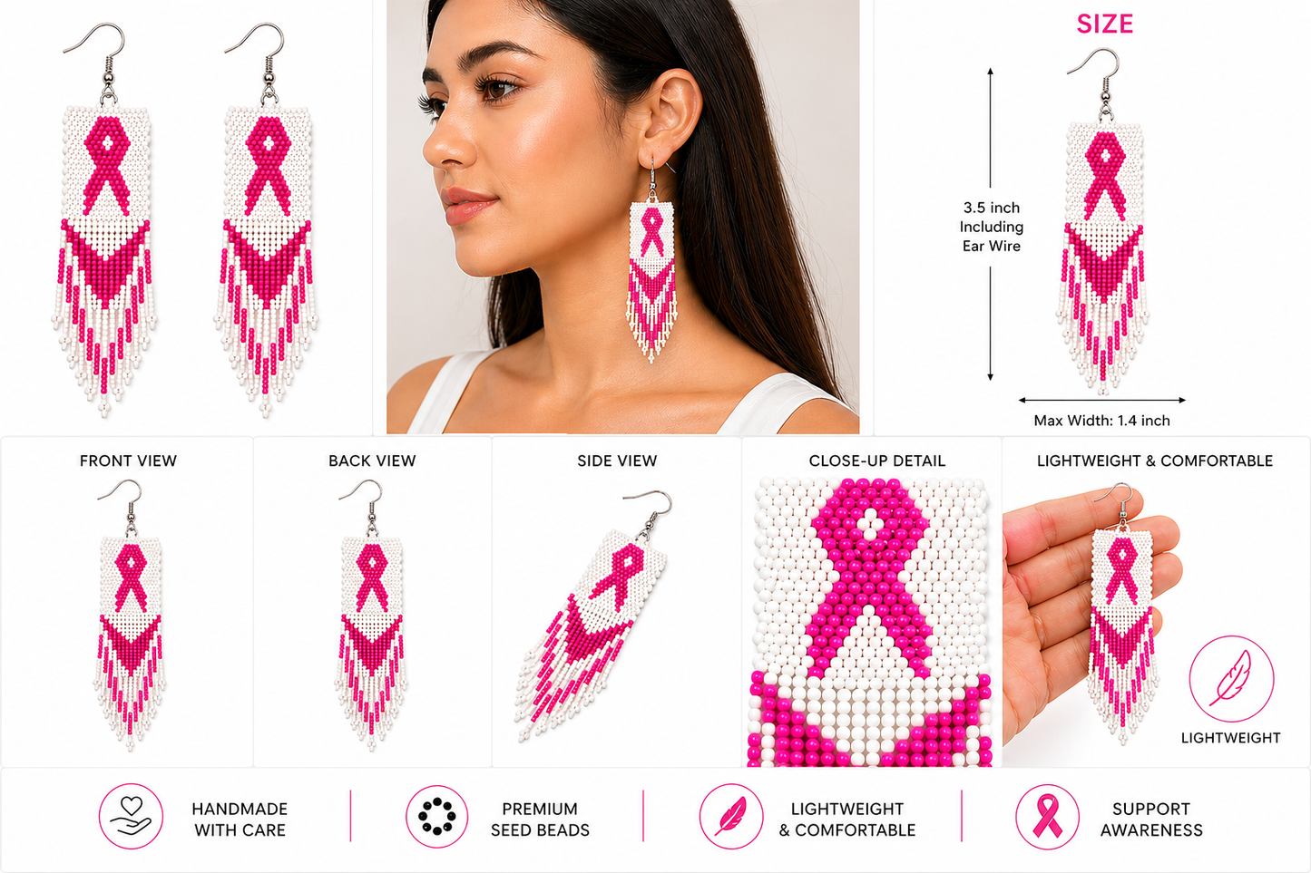 Handmade Pink Ribbon Beaded Fringe Earrings ā Breast Cancer Awareness Jewelry, Lightweight Seed Bead Dangle Earrings for Women (3.5 Inch)