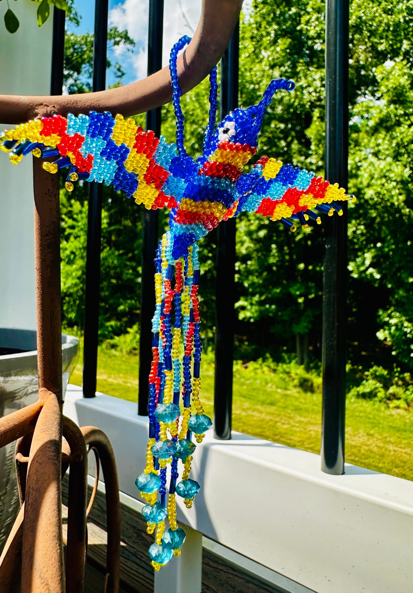 Beaded Fluttering Hanging Hummingbird (Blue Yellow Red)