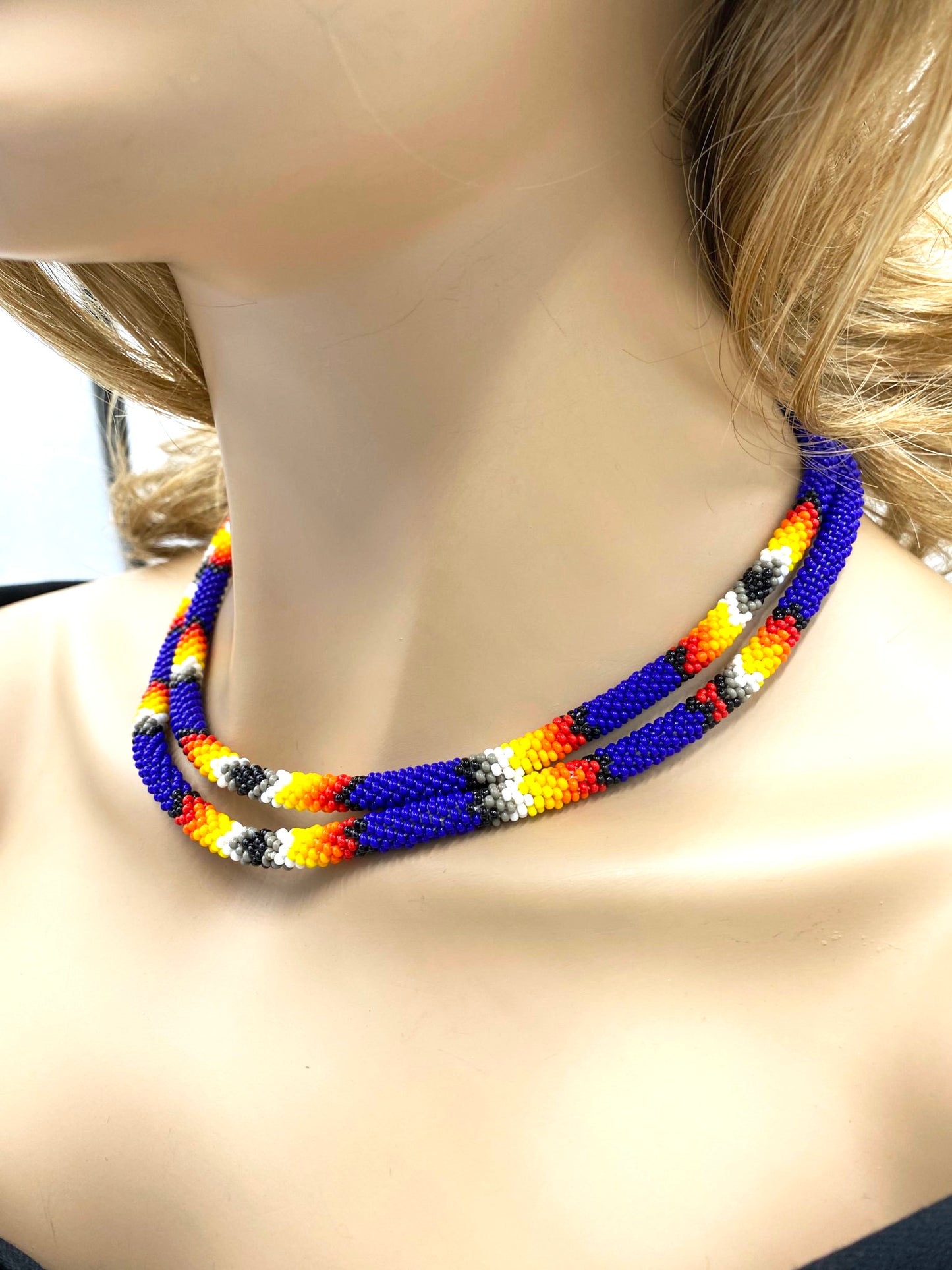 Native American Style Beaded Double Strand Rope Necklace - Deep Blue Fire