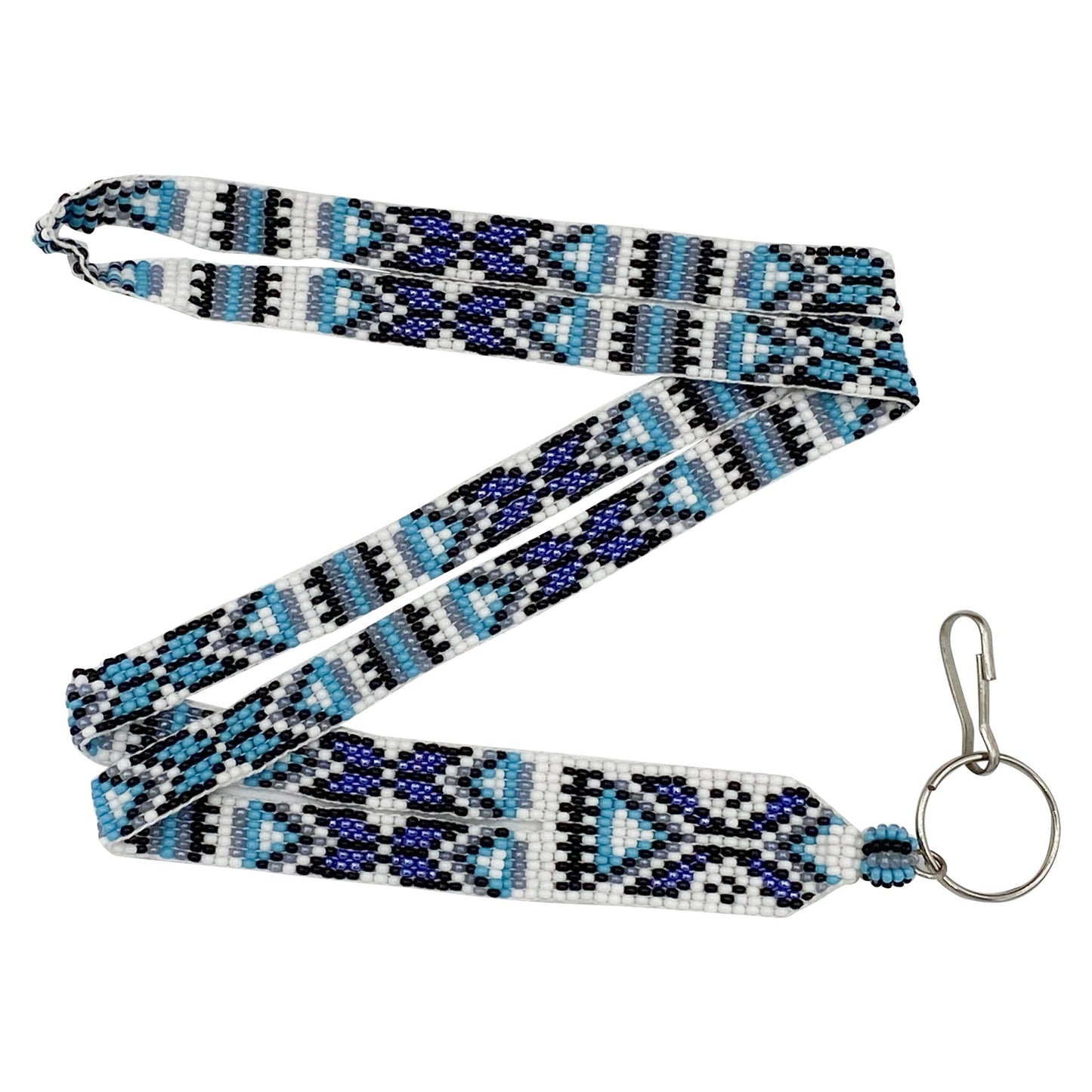Blue White Black Geometric Art Beaded Lanyard Id Holder Handmade