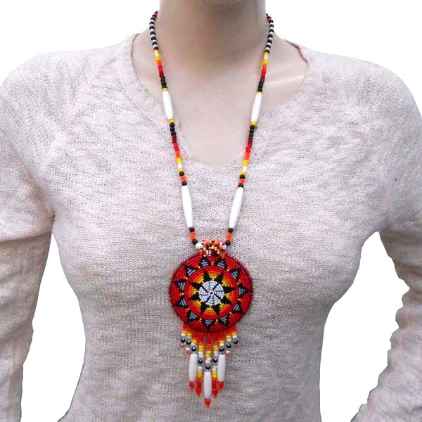 Red Seed Beads Long Medallion Star Fire Color Beaded Necklace Earrings Set