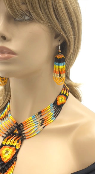 Fiery Orange Black Bear Paw Beaded Necklace and Earrings Set