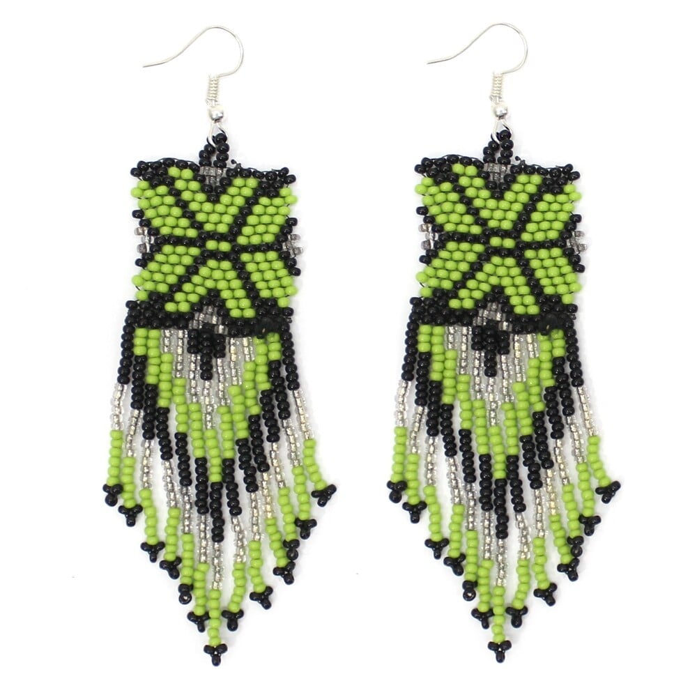Handmade Beaded Green Seed Bead Native Style Earrings
