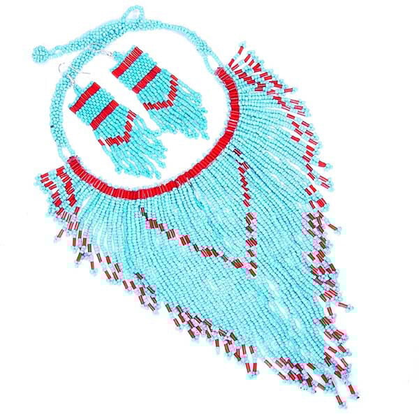 Handmade Beaded Turquoise Blue Seed Bead Bib Necklace Lariat