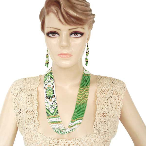 Handmade Beaded Green Gold Turtle Layered Necklace Earrings Set - Native Inspired Jewelry