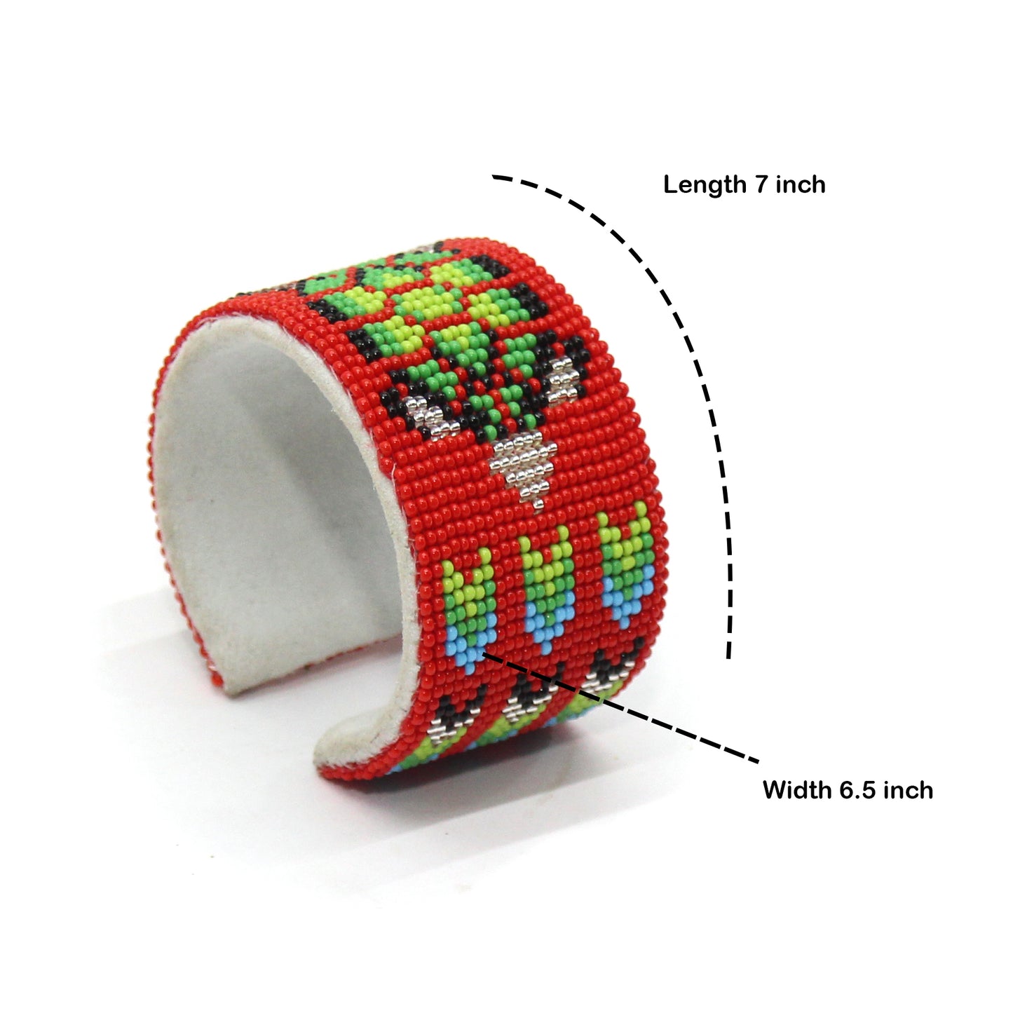 Handmade Beaded Red Green Turtle Leather Hard Cuff Bracelet - Adjustable