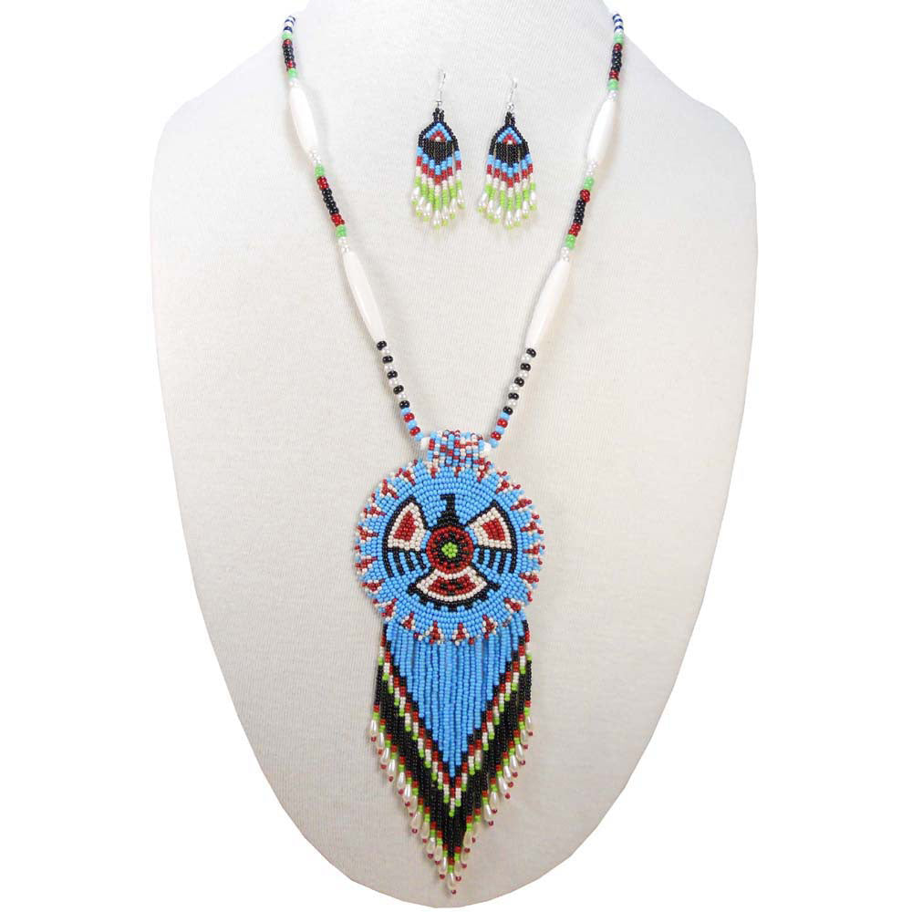 Turquoise Seed Beads Long Medallion Eagle Beaded Necklace Earrings Set