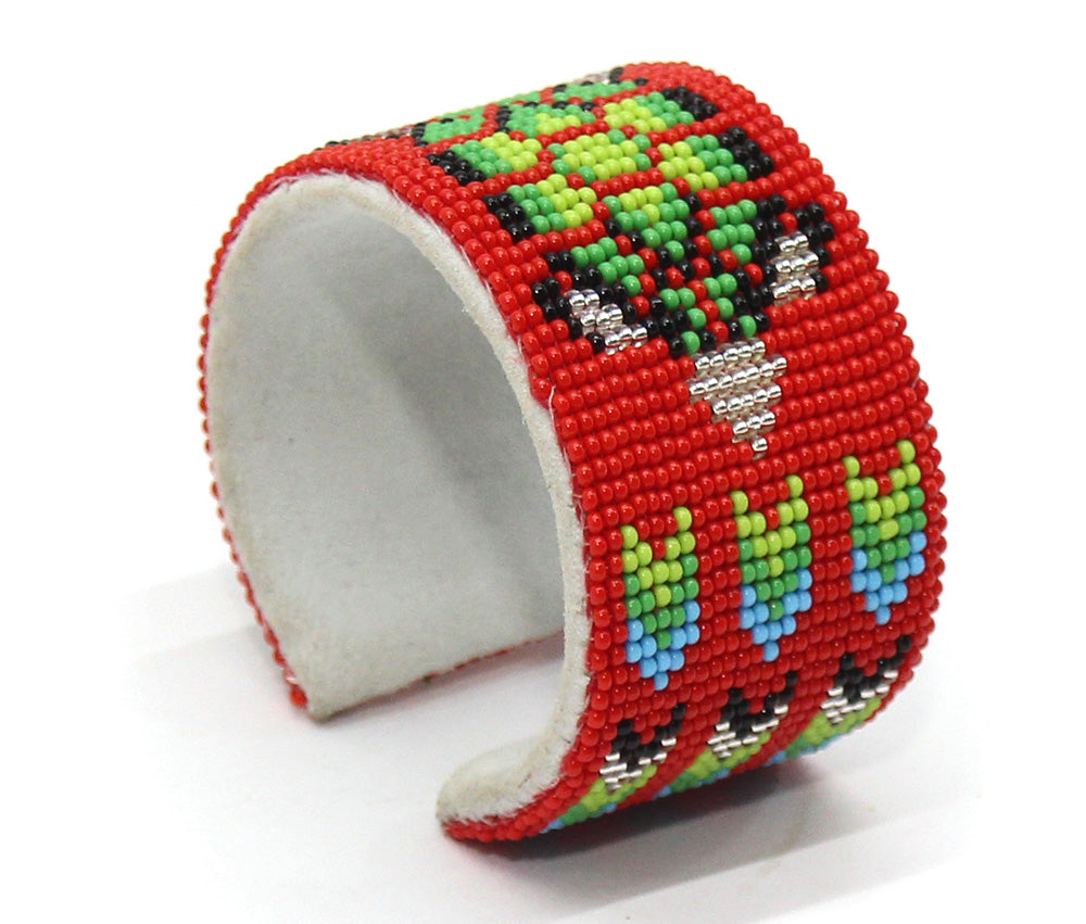 Handmade Beaded Red Green Turtle Leather Hard Cuff Bracelet - Adjustable