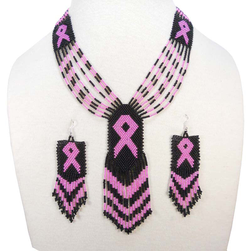 Black Seed Beads Pink Ribbon Cancer Awareness Beaded Necklace Earrings Set
