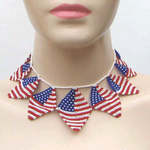 Red Blue White Seed Beaded American Flag Patriotic Beadwork Necklace