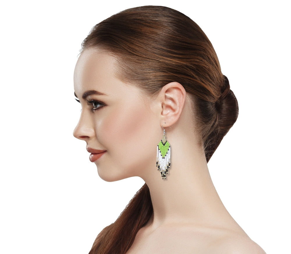 Vibrant Green & White Beaded Dangle Earrings