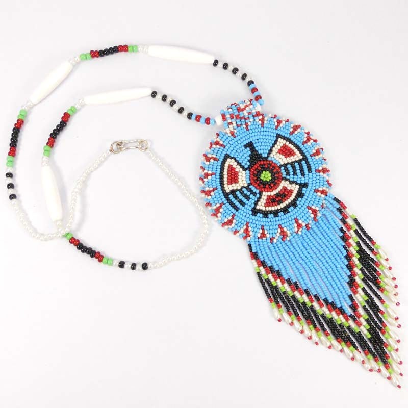 Turquoise Seed Beads Long Medallion Eagle Beaded Necklace Earrings Set