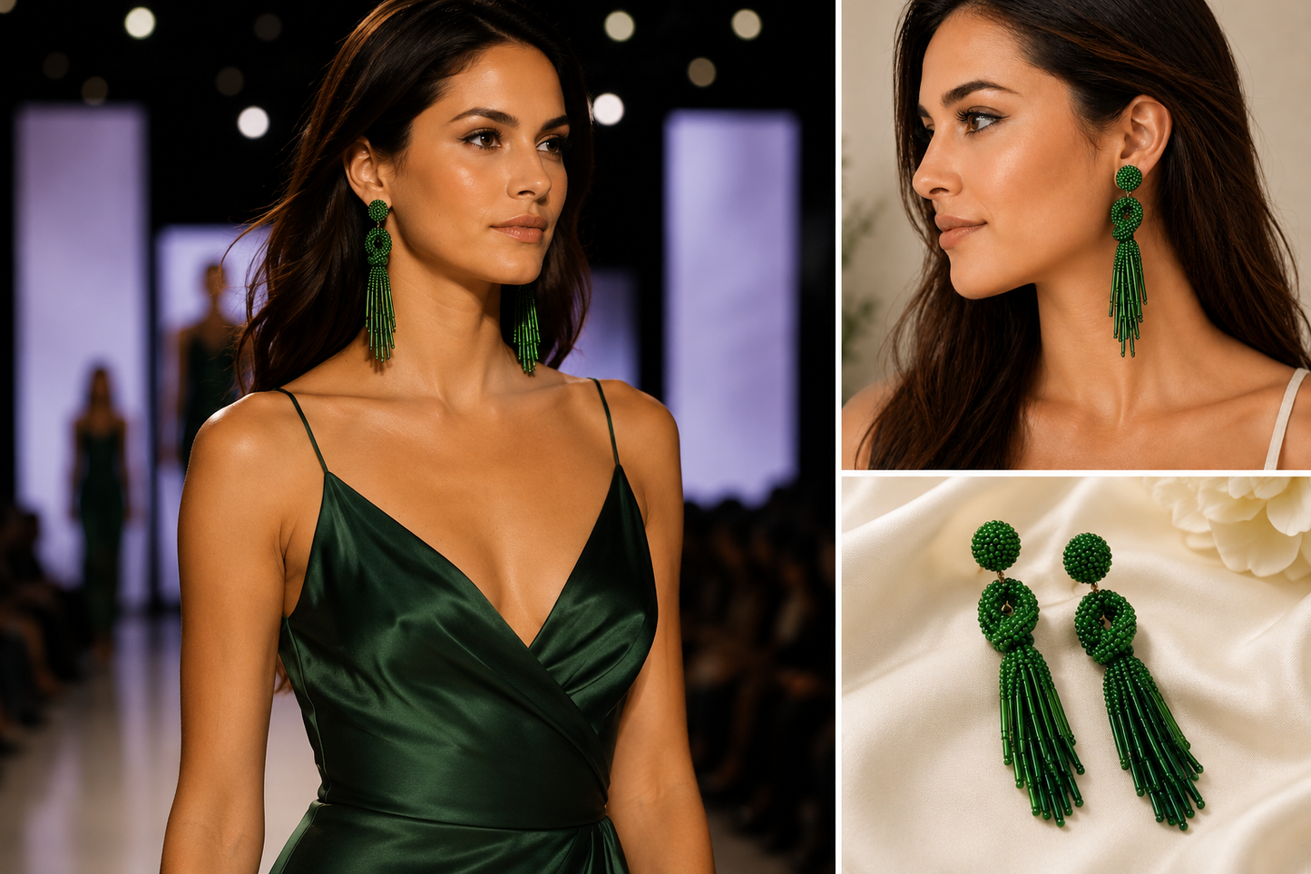 Handmade Beaded Solid Color Post Statement Earrings for Women All Season 4 inch Long (Green)