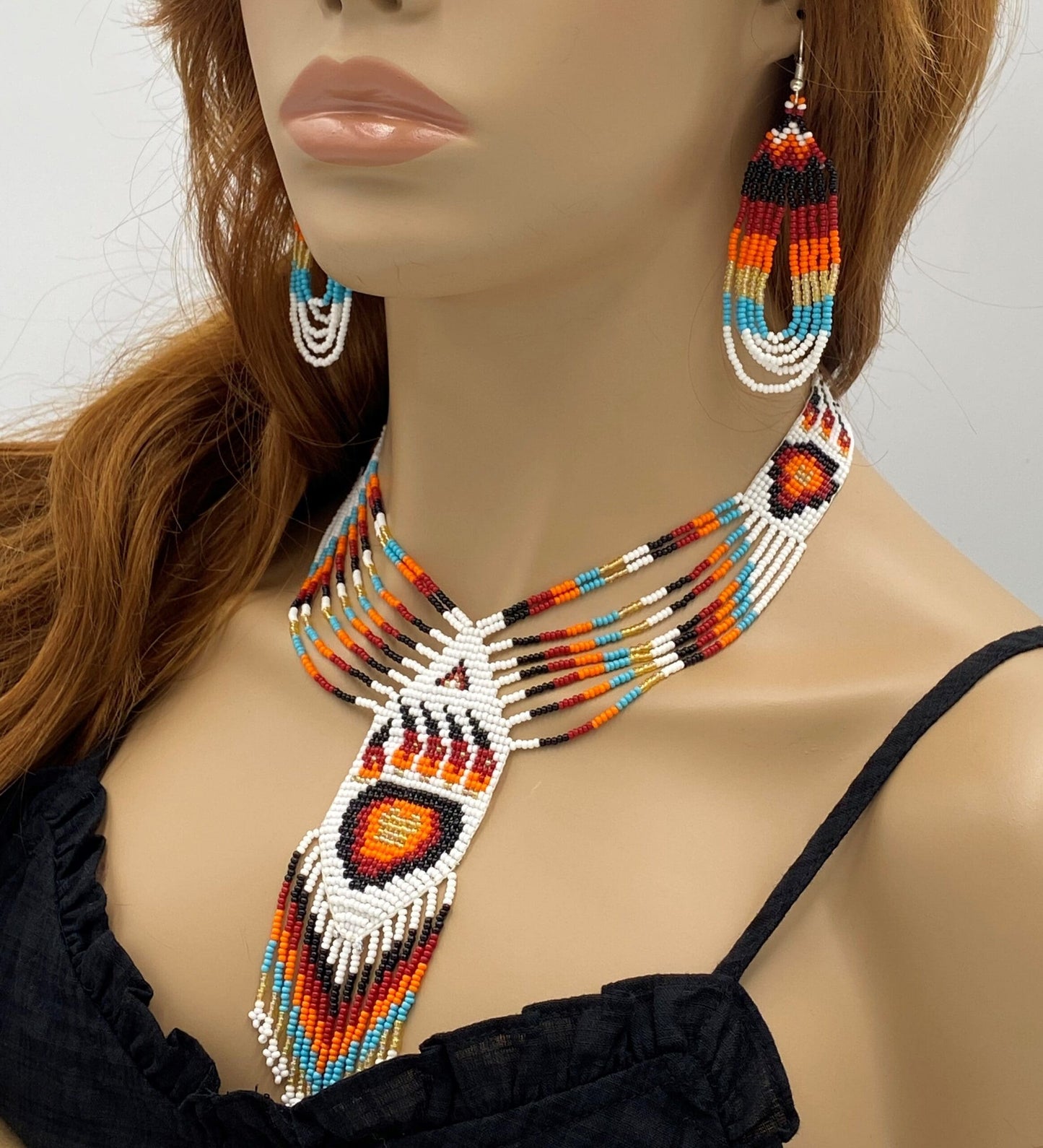 White and Red Bear Paw Beaded Jewelry Set