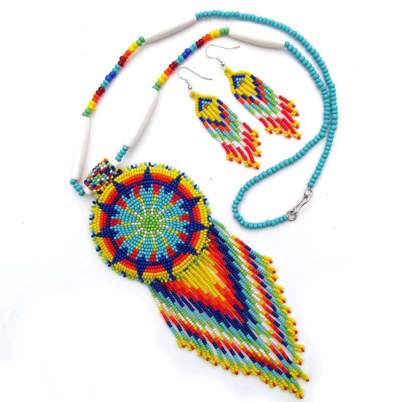 Yellow Blue Seed Beaded Star Necklace Earrings