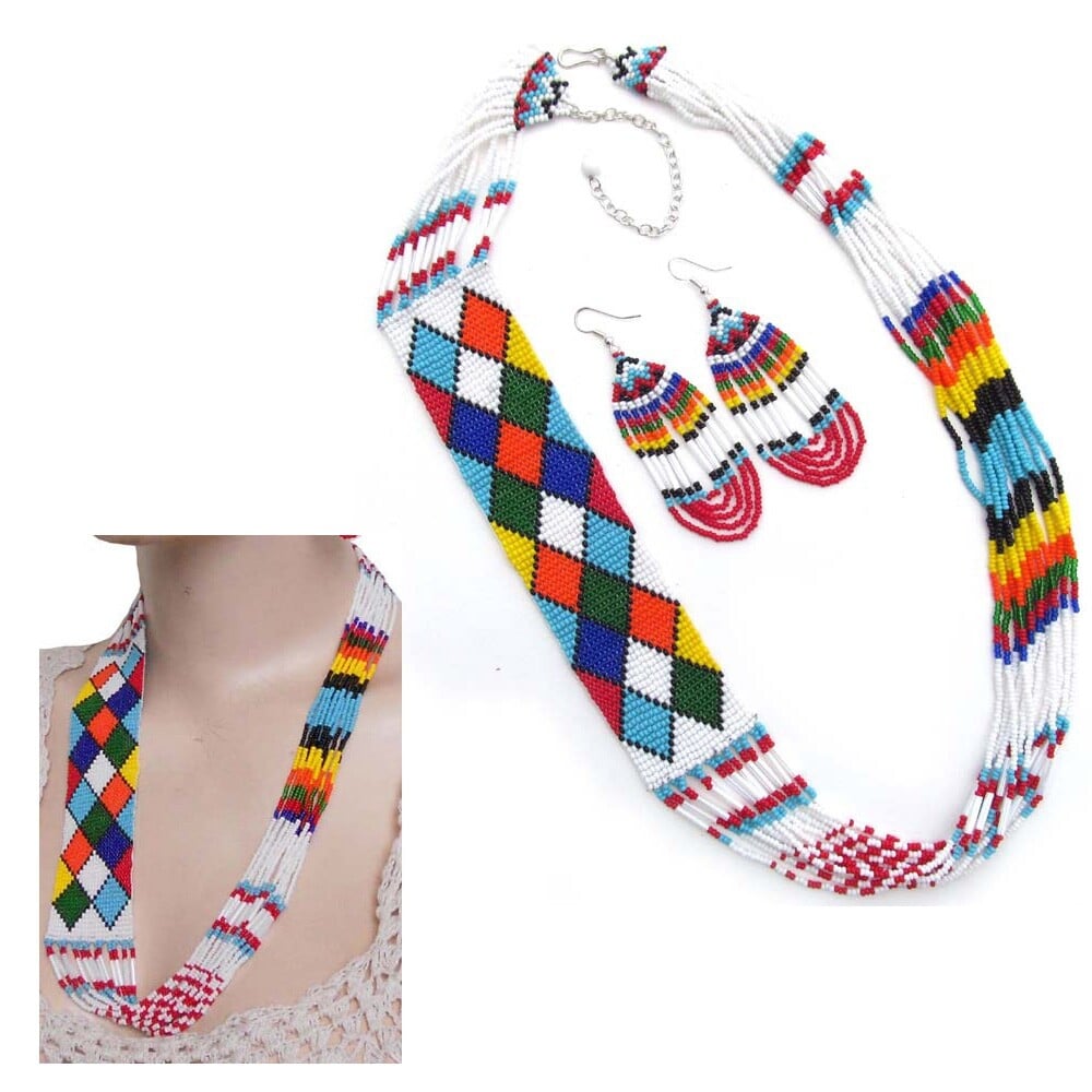 White Seed Beaded Necklace Earrings Multicolor Beadwork