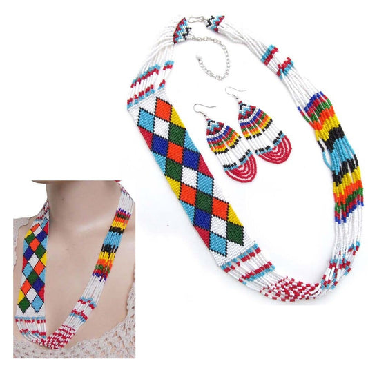 White Seed Beaded Necklace Earrings Multicolor Beadwork