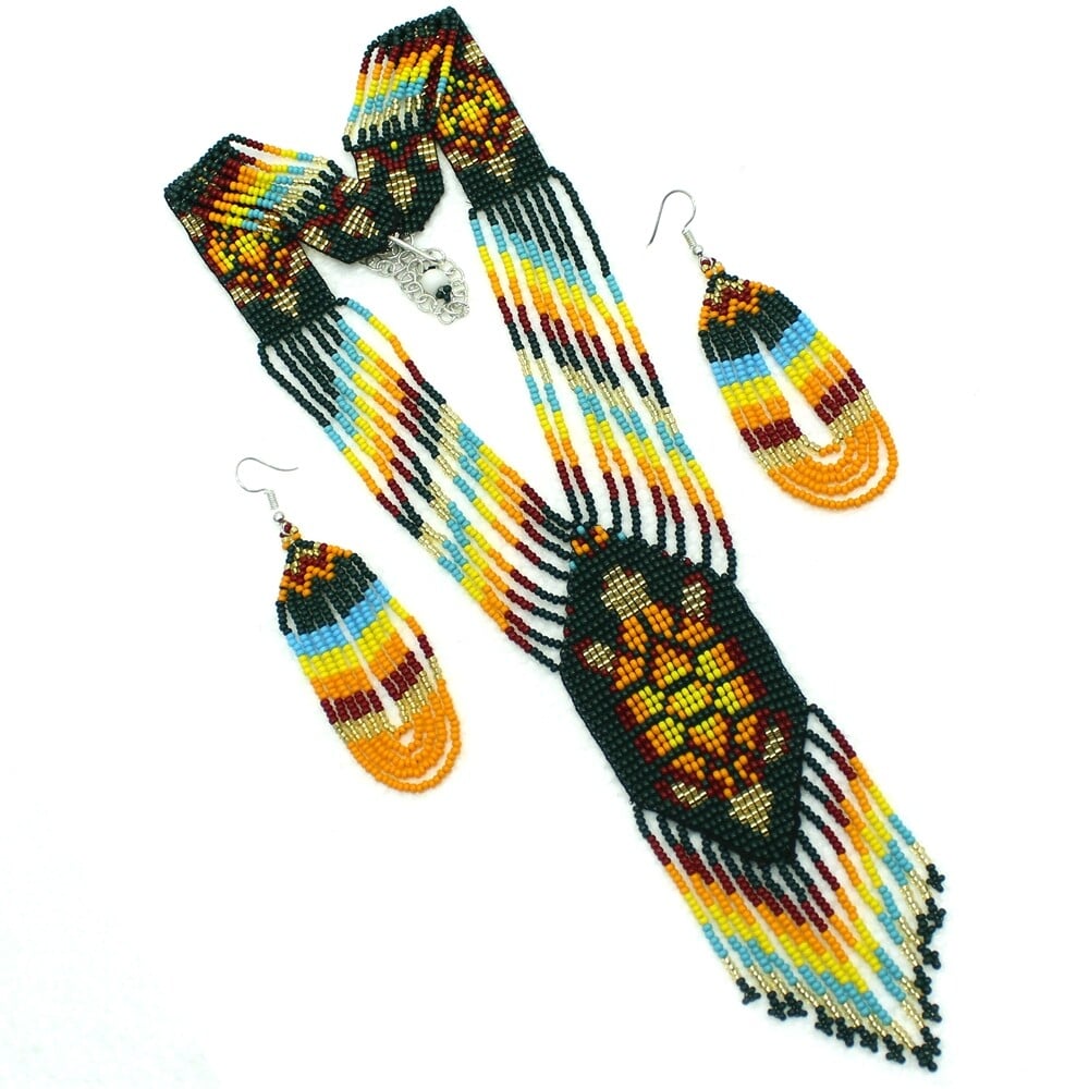 Beaded Turtle Design Deep Green Orange Necklace Earrings Set - Handmade using Czech Seed Beads