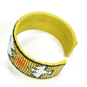 Handmade Seed Beaded White Green Leather Hard Cuff Bracelet