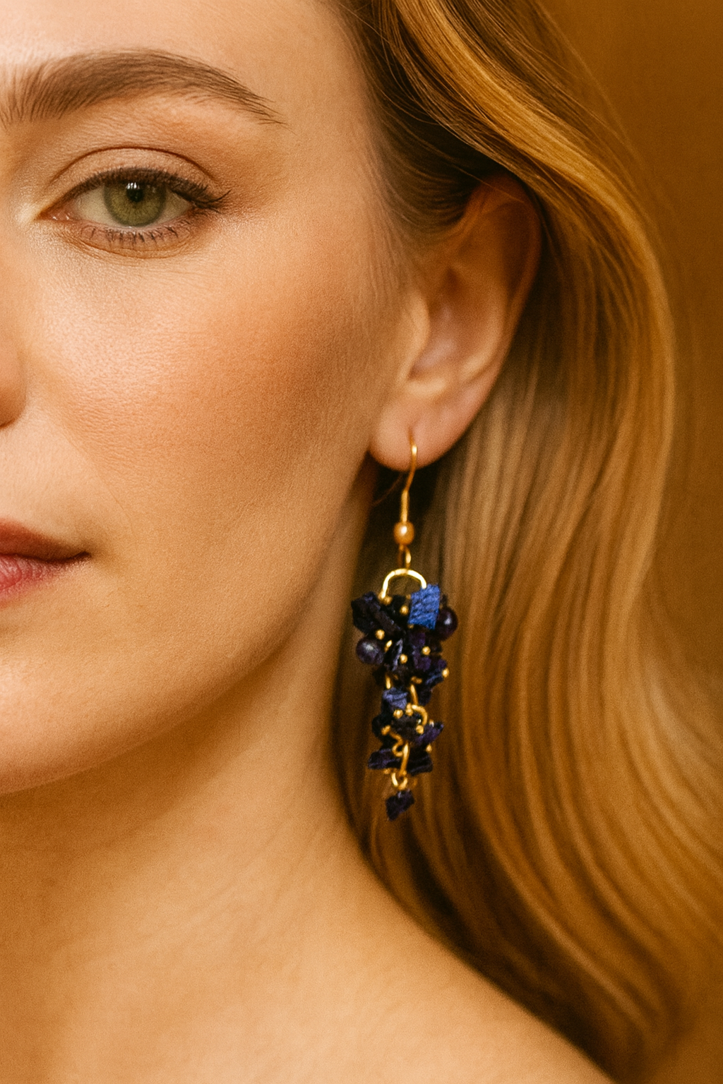 Blue Goldstone Gemstone Dangle Earrings – Handmade with Gold Accents