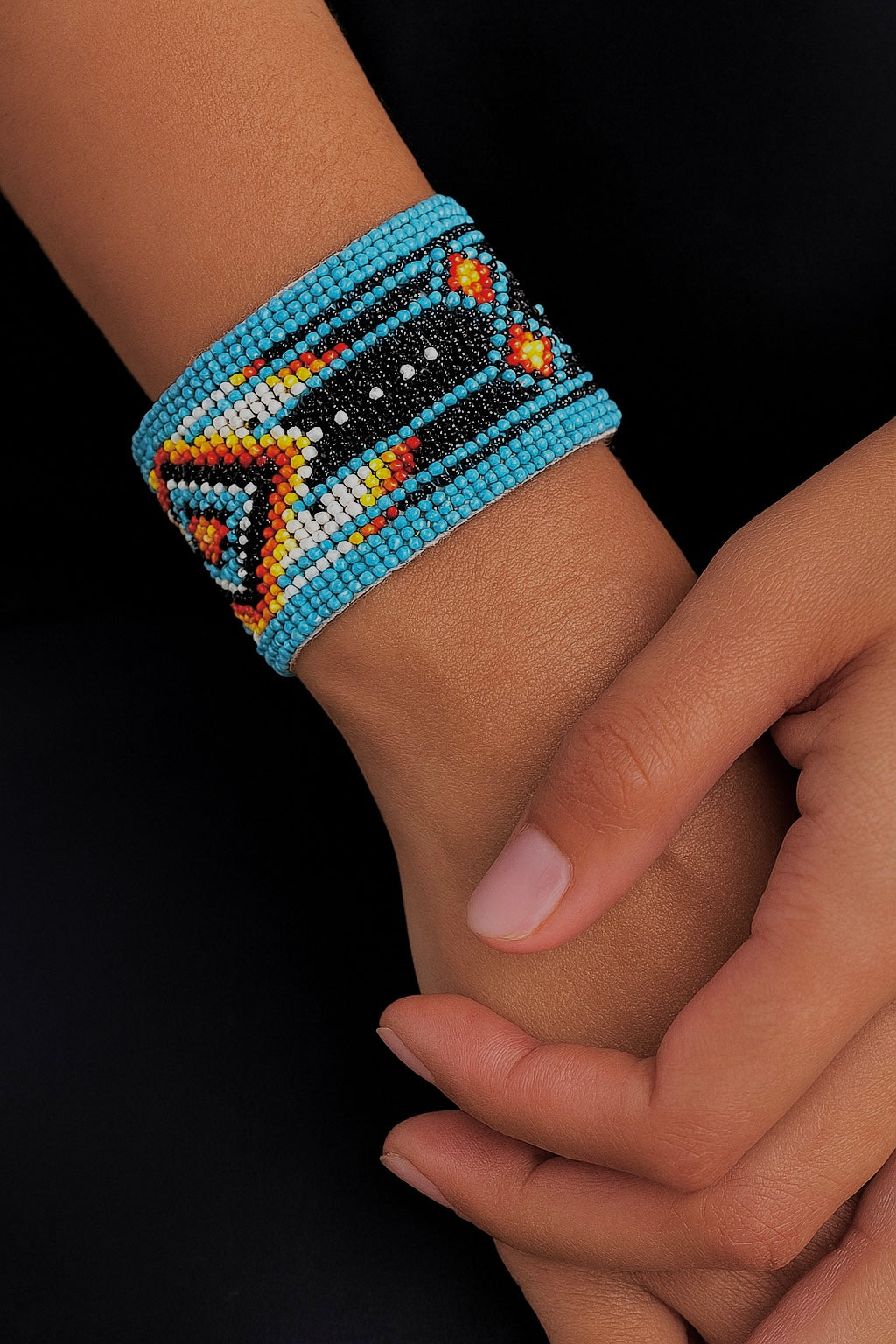Handmade Beaded Cyan Blue Diamond Pattern Hard Cuff bracelet