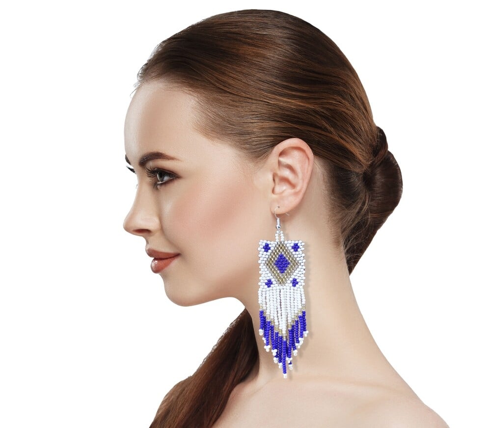 Handmade Beaded Native Style White Seed Bead Big Earrings