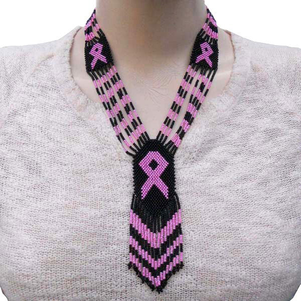 Black Seed Beads Pink Ribbon Cancer Awareness Beaded Necklace Earrings Set