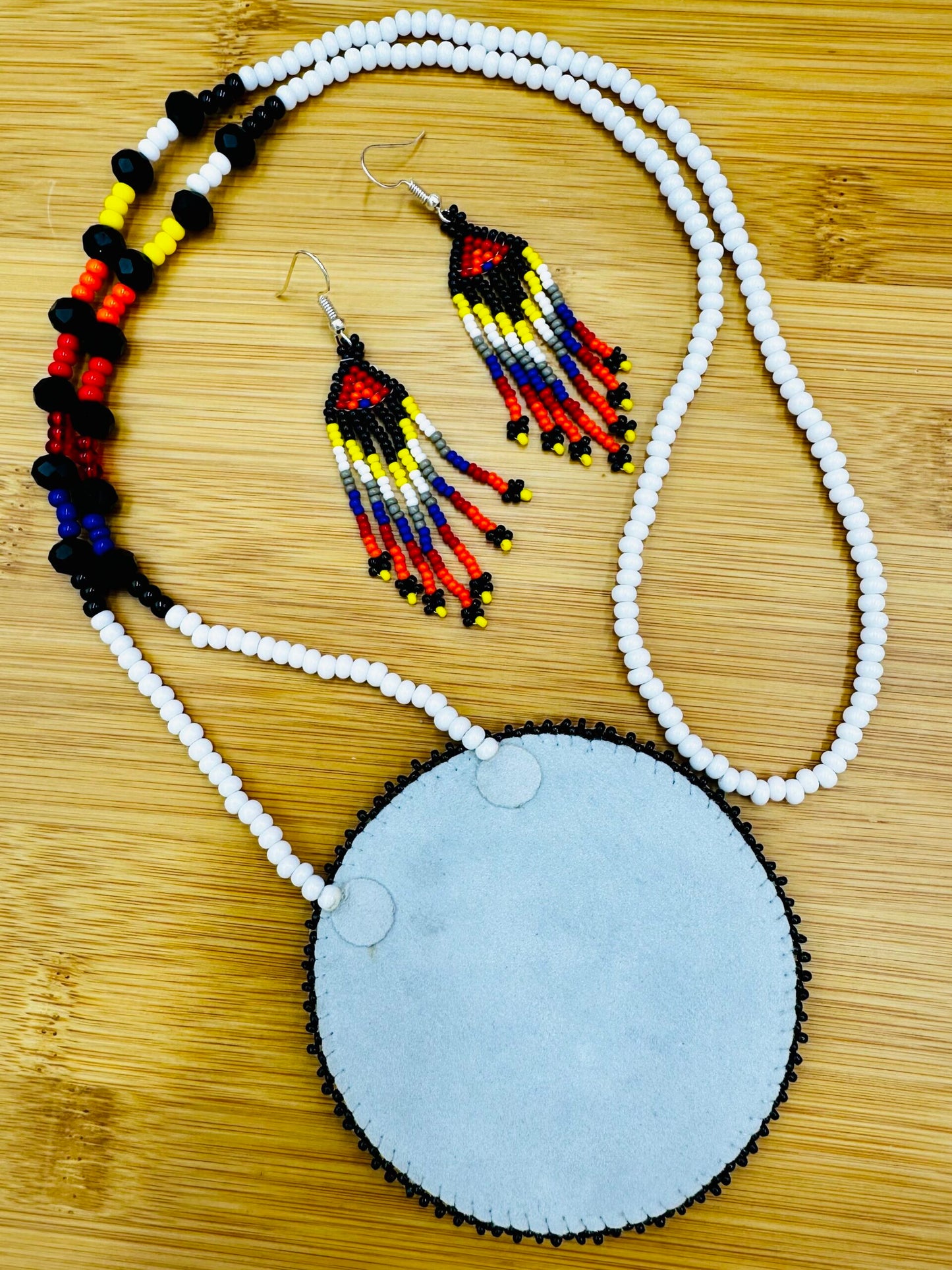 Handmade beaded Grey Black Eagle necklace earrings set