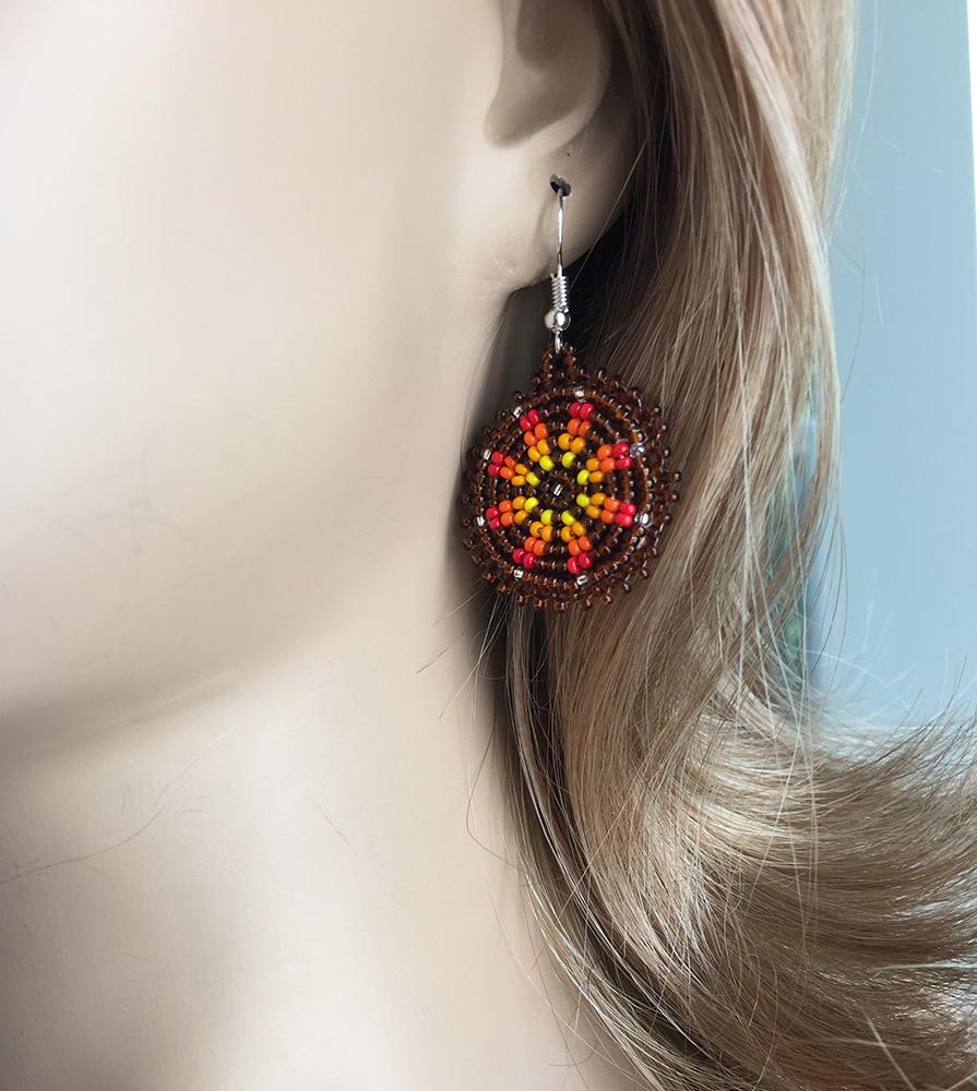 Handmade Beaded Cute Round Brown Earrings