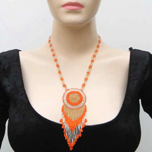 Vibrant Orange Medallion Seed Bead Necklace
