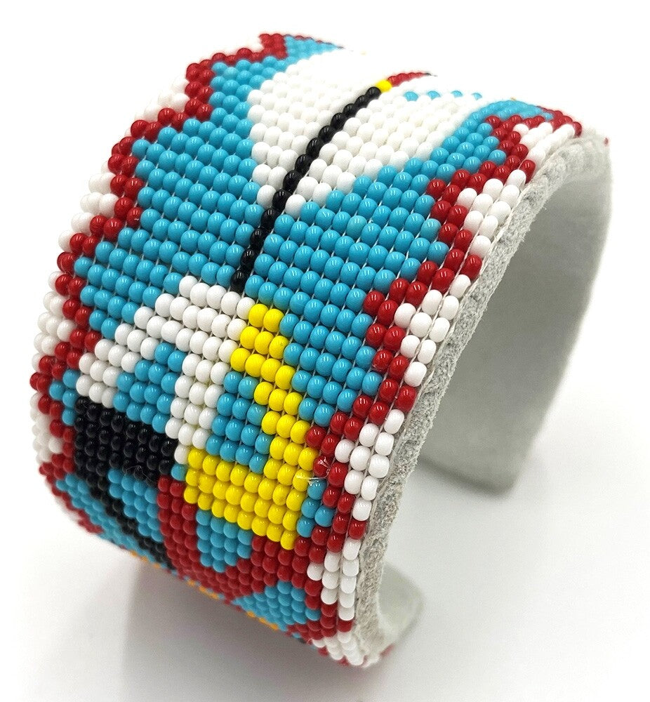 Handmade Beaded Cuff Leather Bracelet with Feather Design - Cyan Blue, White, Red, Black Colors