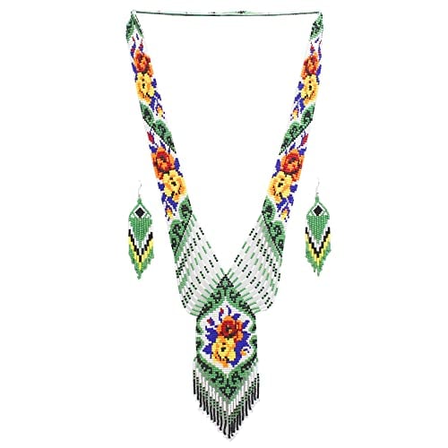 Native Tribal Style Long Statement Beaded Necklace for Women Y Shape - Green Flower