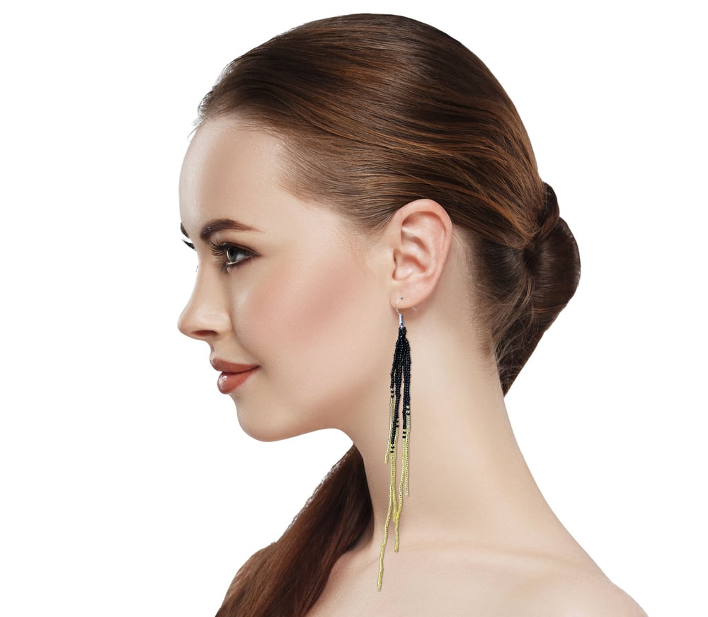 Handmade beaded extra-long Gold Black hook dangle earrings.
