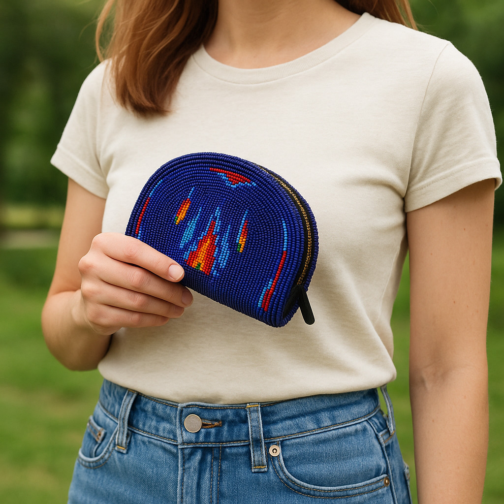 Native Inspired Ethnic Style Seed Bead Beaded Coin Purse(Blue Orange)