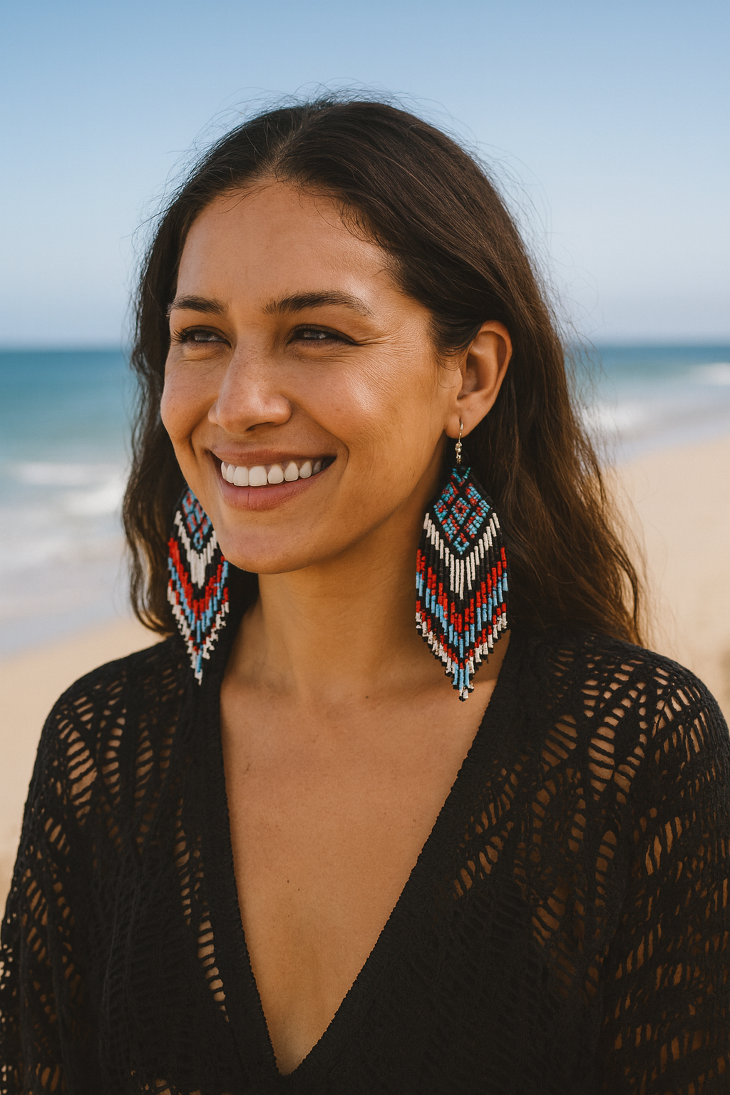 Handmade Beaded White Red Black Long Hook Earrings