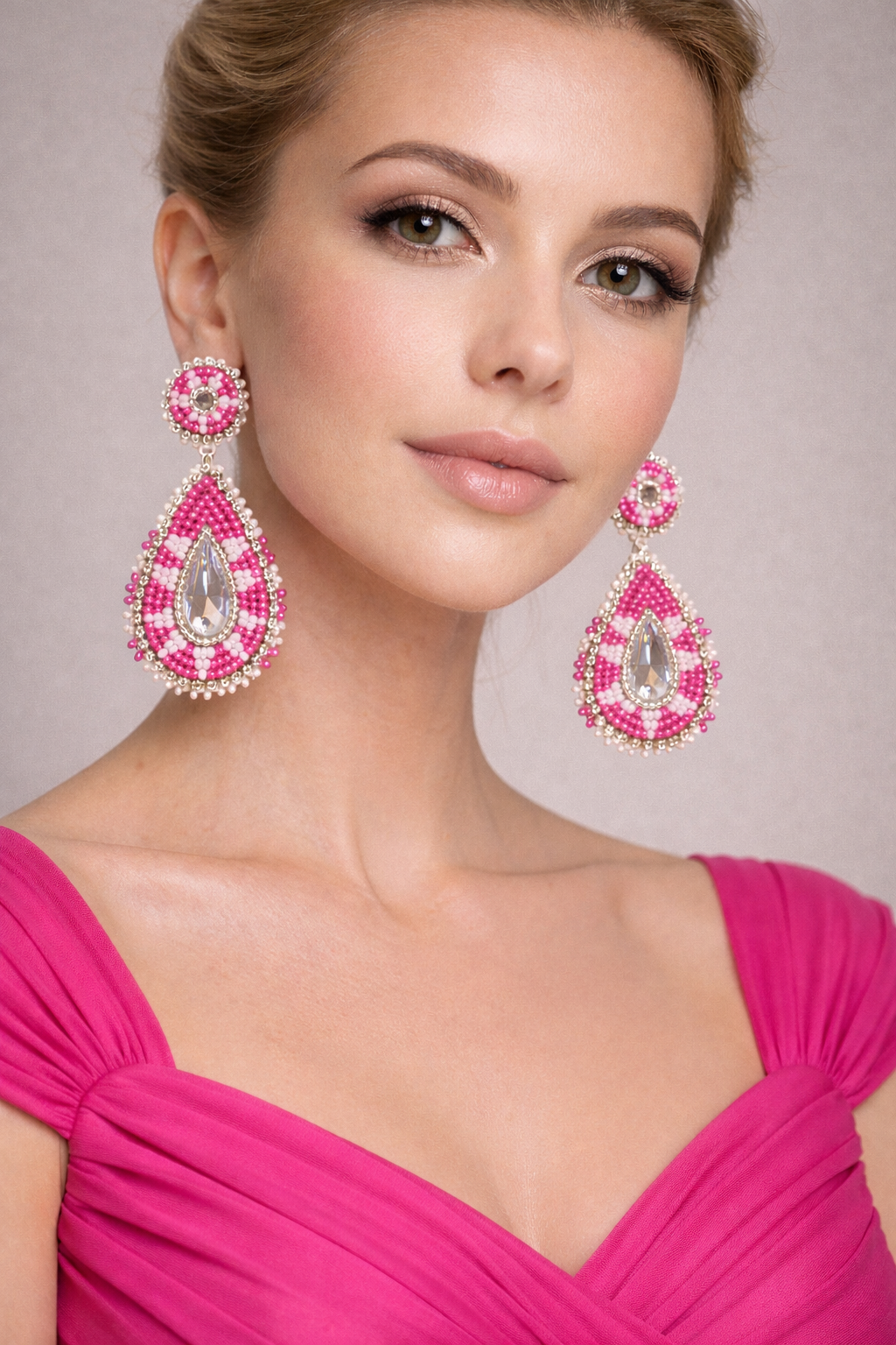 Handmade Beaded Teardrop Shape Post Earrings - 3 Inches Long, 1.5 Inch Wide - Pink White