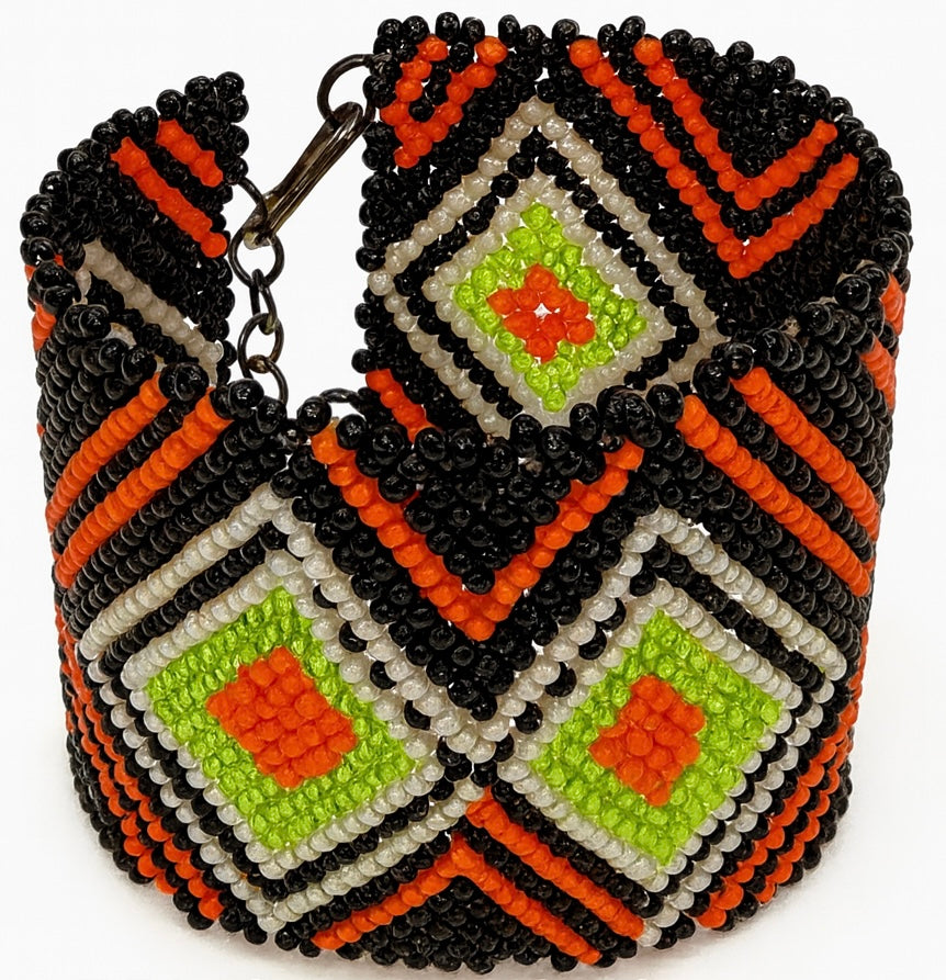 Handmade Geometric Beaded Cuff Bracelet – Black, Orange & Lime Green