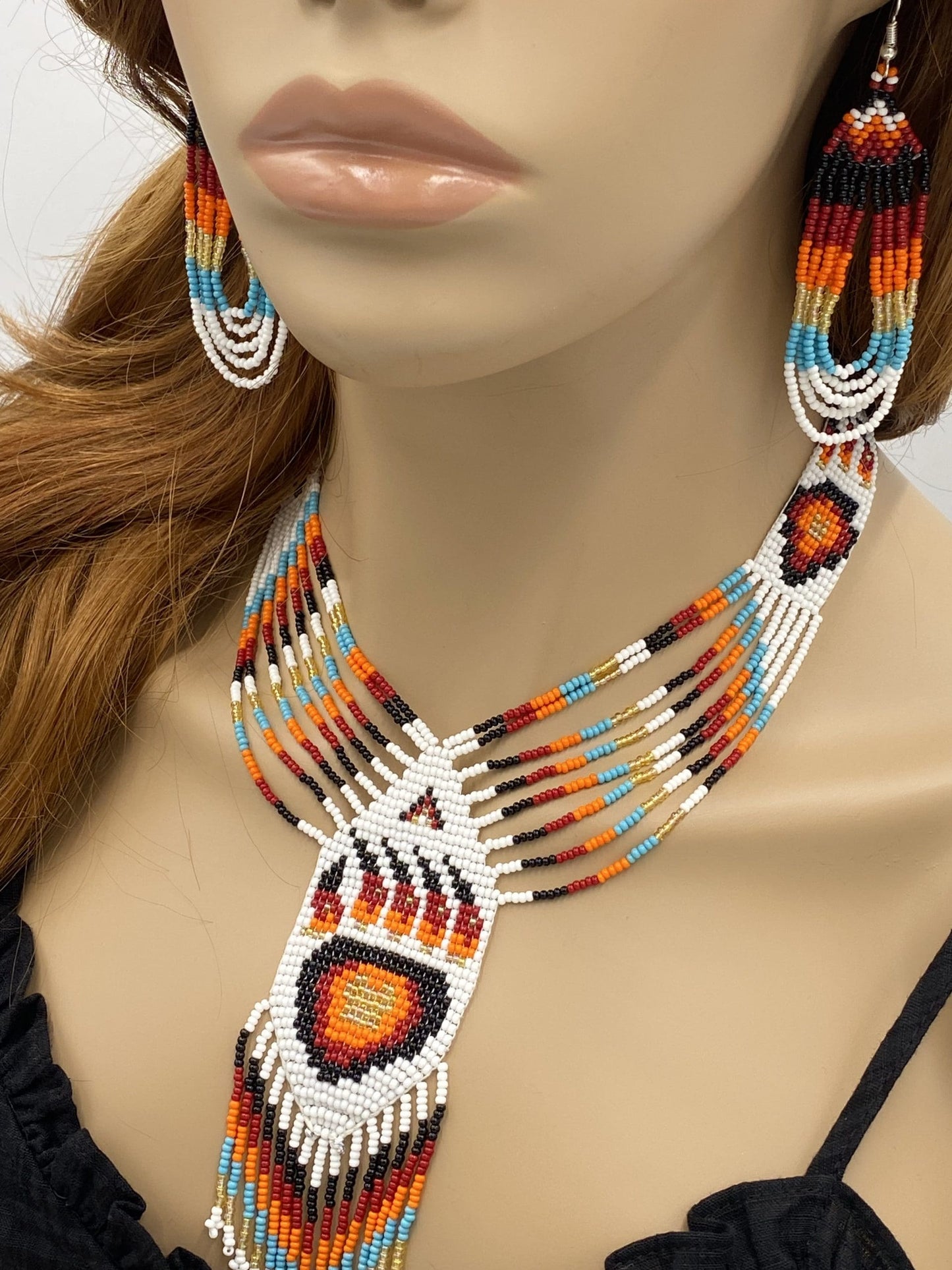 Handmade Beaded Red Bear Paw Statement Necklace Earrings Set