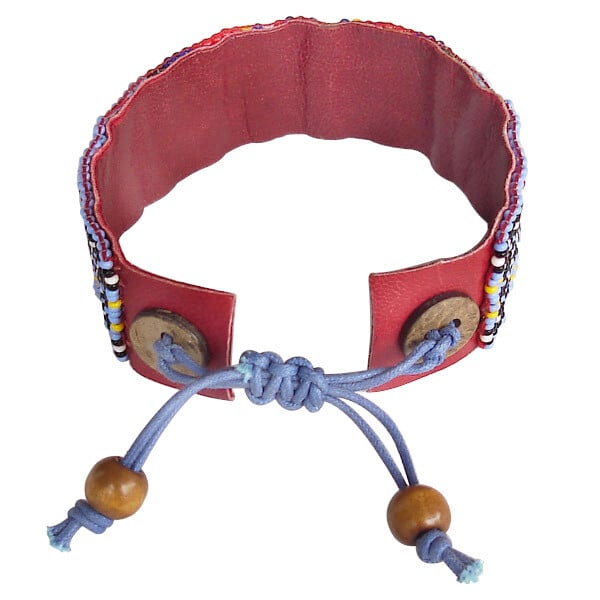 Handmade Blue and Red Seed Beaded Leather Soft Cuff Adjustable Bracelet - Boho-Chic Style Statement