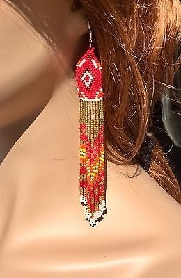 Handmade Beaded Red White Long Chandelier Earrings