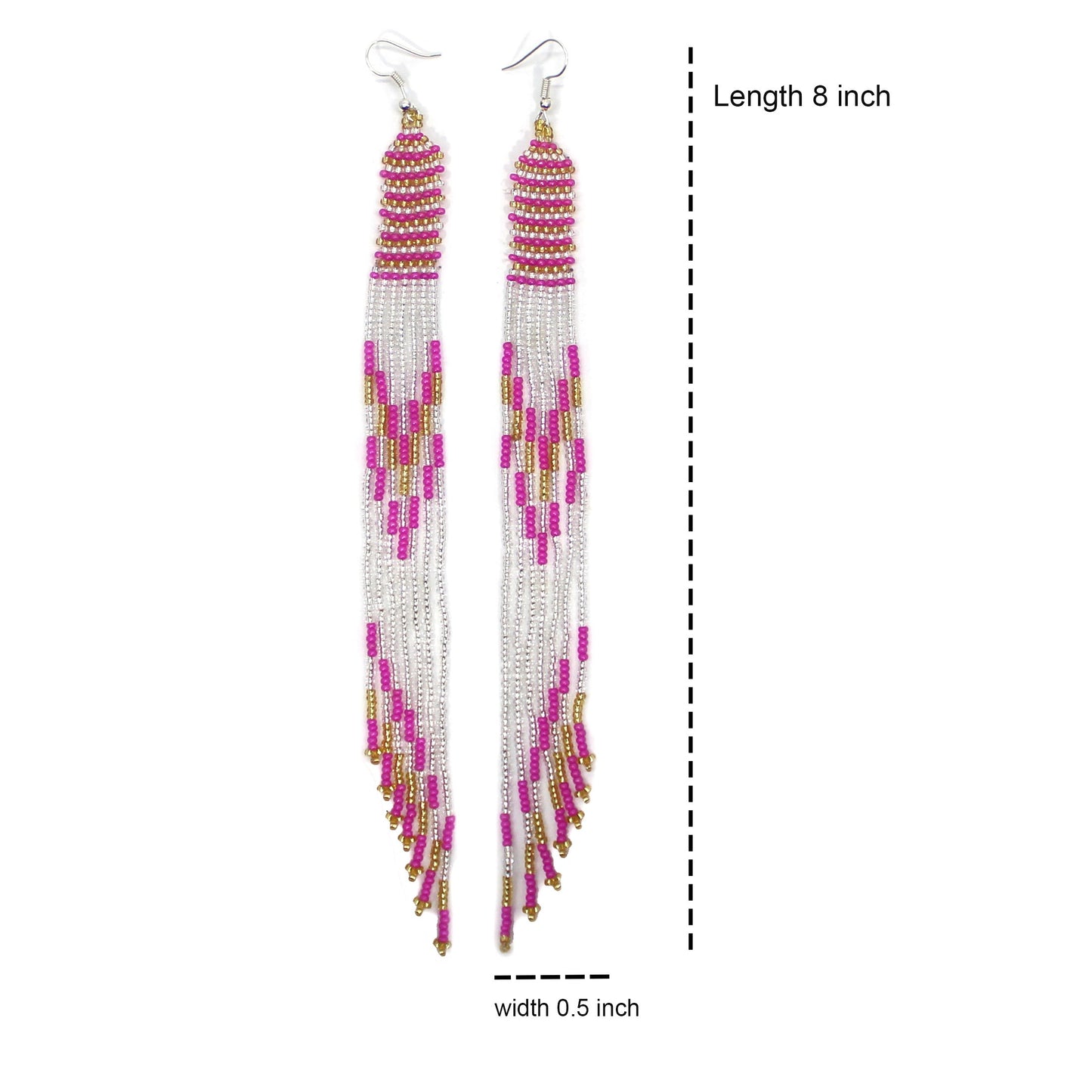Handmade beaded Silver Pink Extra long earrings
